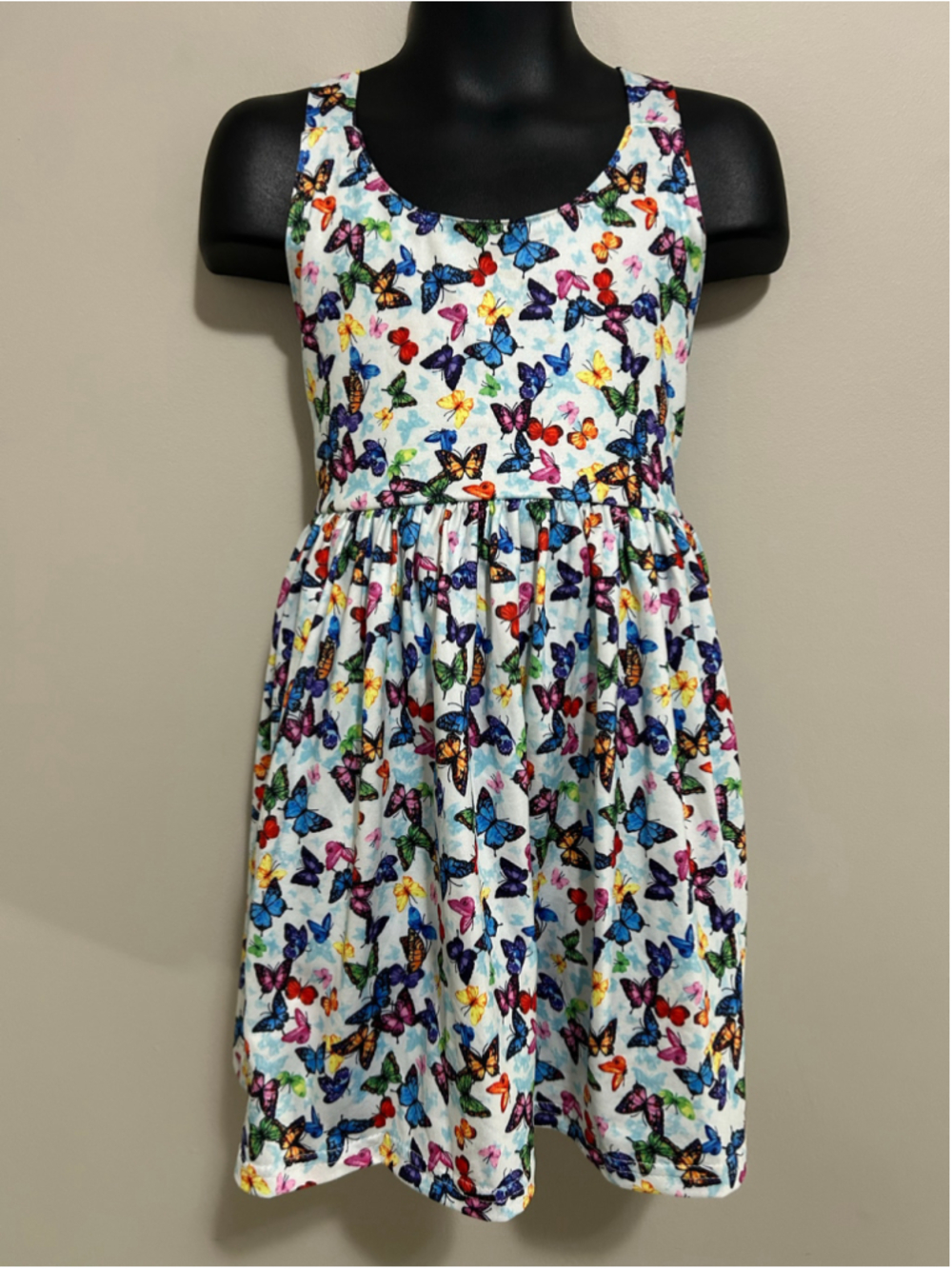 NEW Girls Butterfly Print Casual Dress White Multicolor Custom Fabric
